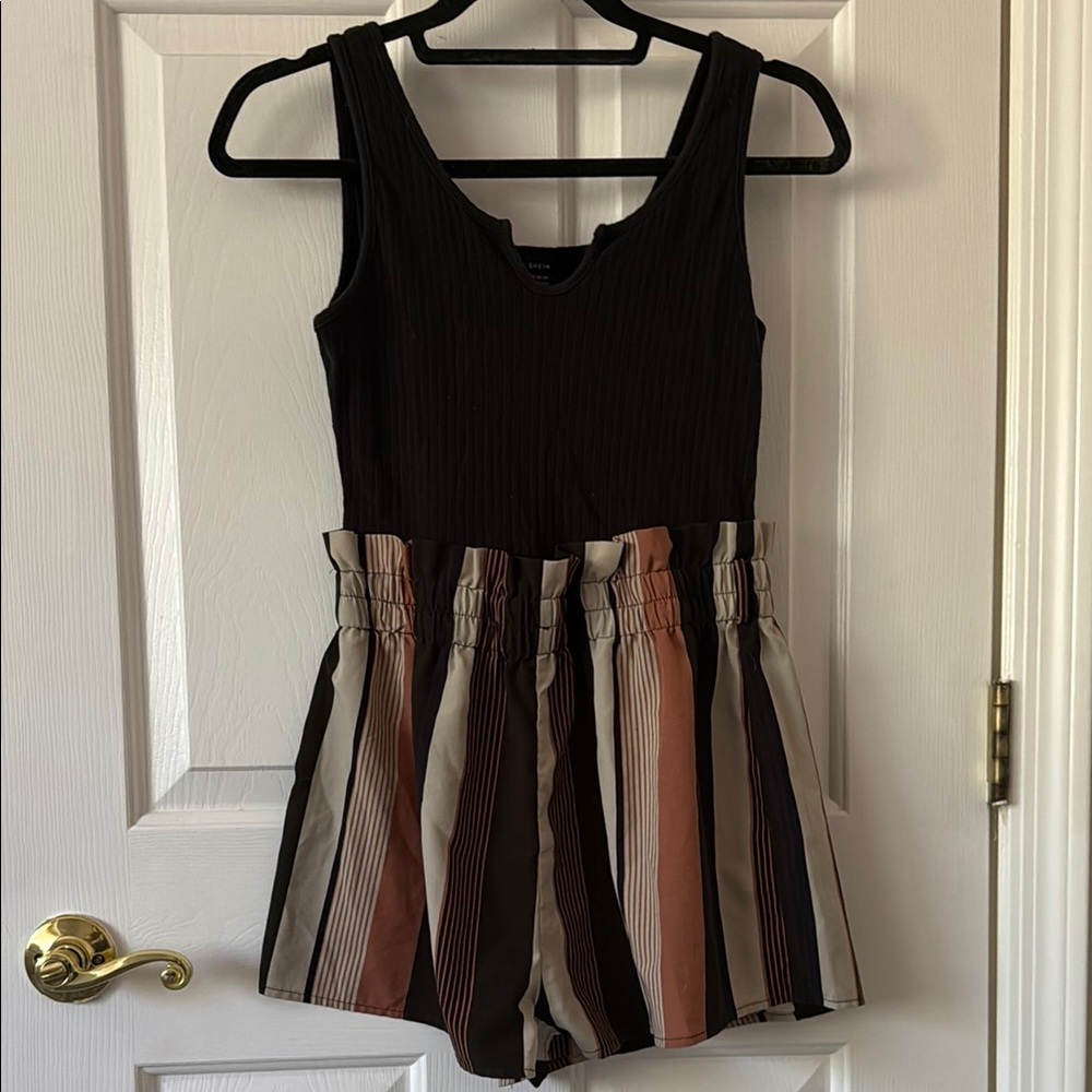 Black Top with Striped Shorts Romper (L)